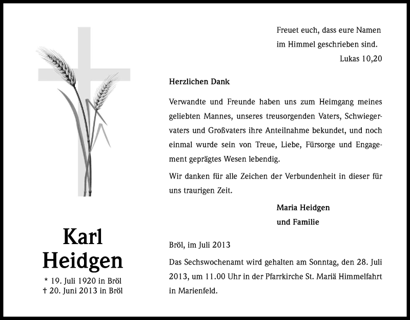  Traueranzeige für Karl Heidgen vom 27.07.2013 aus Kölner Stadt-Anzeiger / Kölnische Rundschau / Express