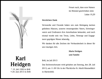 Anzeige von Karl Heidgen von Kölner Stadt-Anzeiger / Kölnische Rundschau / Express