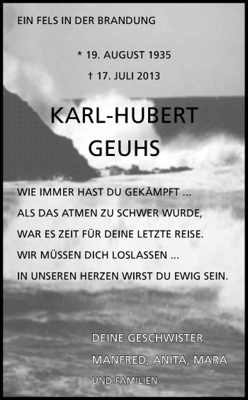 Anzeige von Karl-Hubert Geuhs von Kölner Stadt-Anzeiger / Kölnische Rundschau / Express