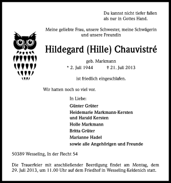 Anzeige von Hildegard Chauvistré von Kölner Stadt-Anzeiger / Kölnische Rundschau / Express