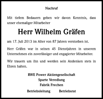 Anzeige von Wilhelm Gräfen von Kölner Stadt-Anzeiger / Kölnische Rundschau / Express