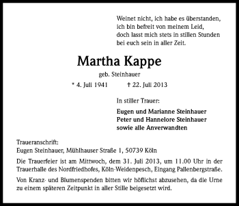 Anzeige von Martha Kappe von Kölner Stadt-Anzeiger / Kölnische Rundschau / Express