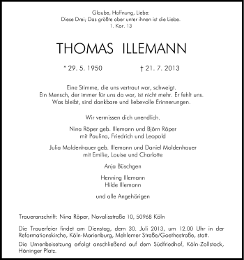 Anzeige von Thomas Illemann von Kölner Stadt-Anzeiger / Kölnische Rundschau / Express