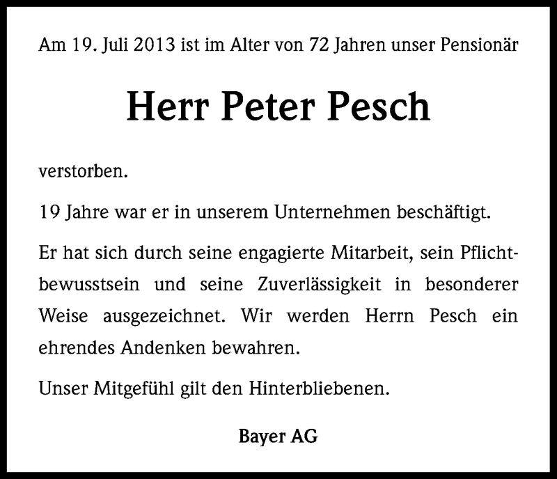  Traueranzeige für Peter Pesch vom 25.07.2013 aus Kölner Stadt-Anzeiger / Kölnische Rundschau / Express