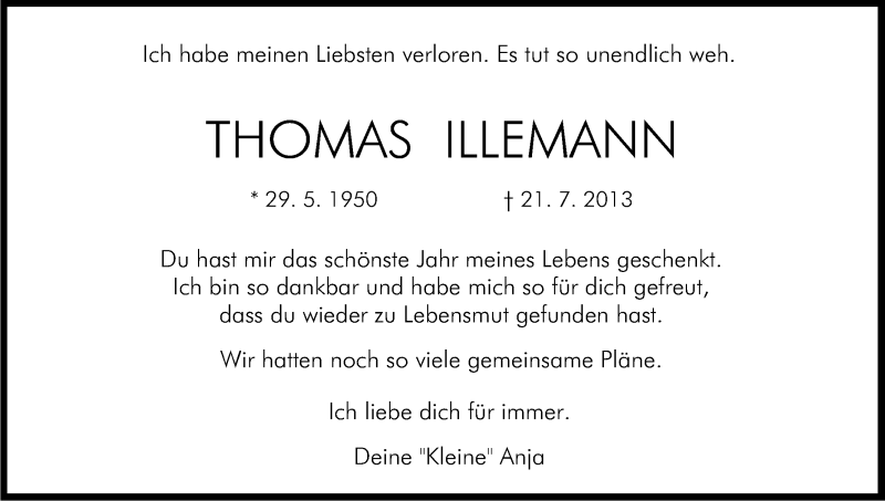  Traueranzeige für Thomas Illemann vom 26.07.2013 aus Kölner Stadt-Anzeiger / Kölnische Rundschau / Express