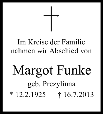 Anzeige von Margot Funke von Kölner Stadt-Anzeiger / Kölnische Rundschau / Express