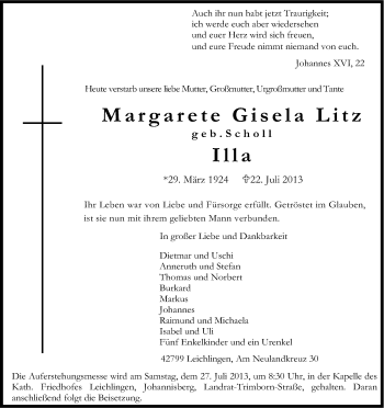 Anzeige von Margarete Gisela Litz Illa von Kölner Stadt-Anzeiger / Kölnische Rundschau / Express