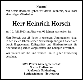 Anzeige von Heinrich Horsch von Kölner Stadt-Anzeiger / Kölnische Rundschau / Express
