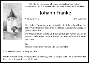 Anzeige von Johann Franke von Kölner Stadt-Anzeiger / Kölnische Rundschau / Express
