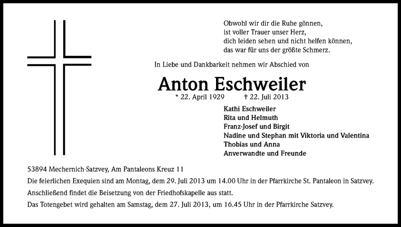  Traueranzeige für Anton Eschweiler vom 25.07.2013 aus Kölner Stadt-Anzeiger / Kölnische Rundschau / Express