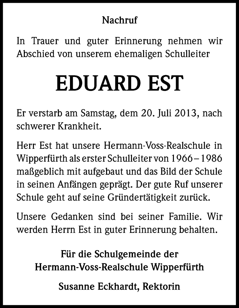  Traueranzeige für Eduard Est vom 25.07.2013 aus Kölner Stadt-Anzeiger / Kölnische Rundschau / Express