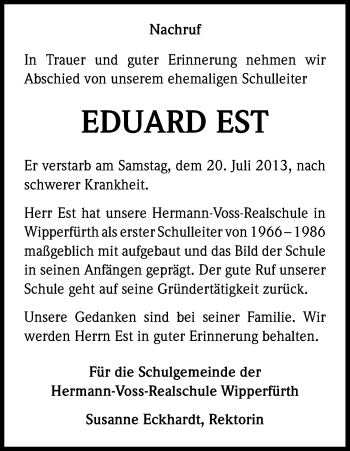 Anzeige von Eduard Est von Kölner Stadt-Anzeiger / Kölnische Rundschau / Express