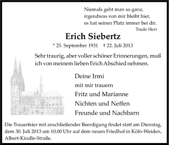 Anzeige von Erich Siebertz von Kölner Stadt-Anzeiger / Kölnische Rundschau / Express