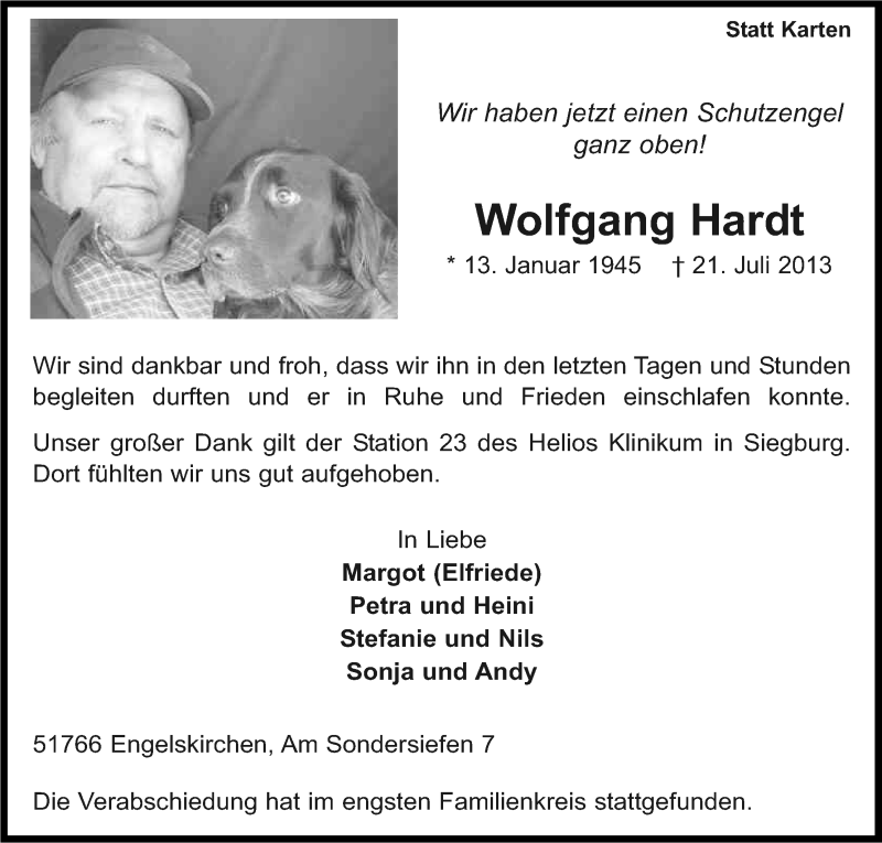  Traueranzeige für Wolfgang Hardt vom 27.07.2013 aus Kölner Stadt-Anzeiger / Kölnische Rundschau / Express