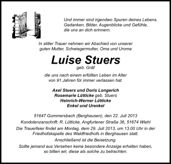Anzeige von Luise Stuers von Kölner Stadt-Anzeiger / Kölnische Rundschau / Express