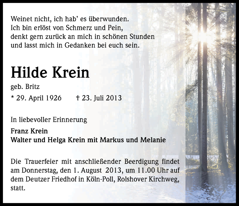 Traueranzeige für Hilde Krein vom 27.07.2013 aus Kölner Stadt-Anzeiger / Kölnische Rundschau / Express