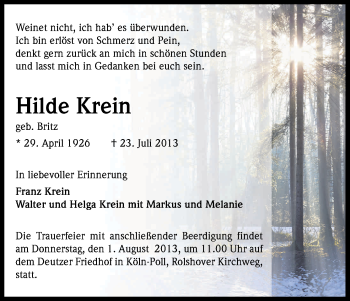 Anzeige von Hilde Krein von Kölner Stadt-Anzeiger / Kölnische Rundschau / Express
