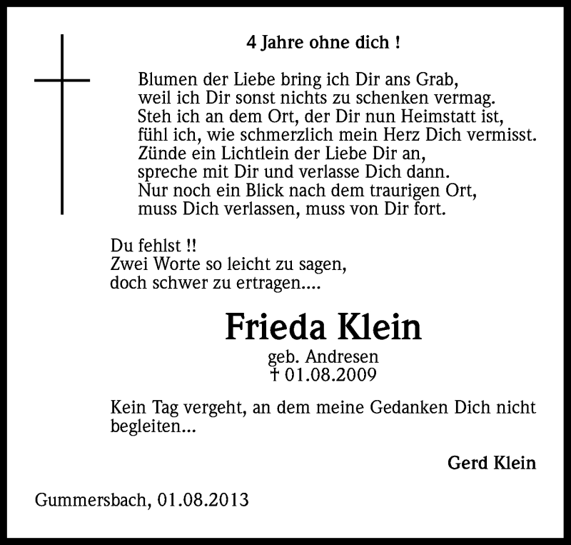  Traueranzeige für Frieda Klein vom 01.08.2013 aus Kölner Stadt-Anzeiger / Kölnische Rundschau / Express