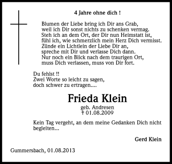 Anzeige von Frieda Klein von Kölner Stadt-Anzeiger / Kölnische Rundschau / Express