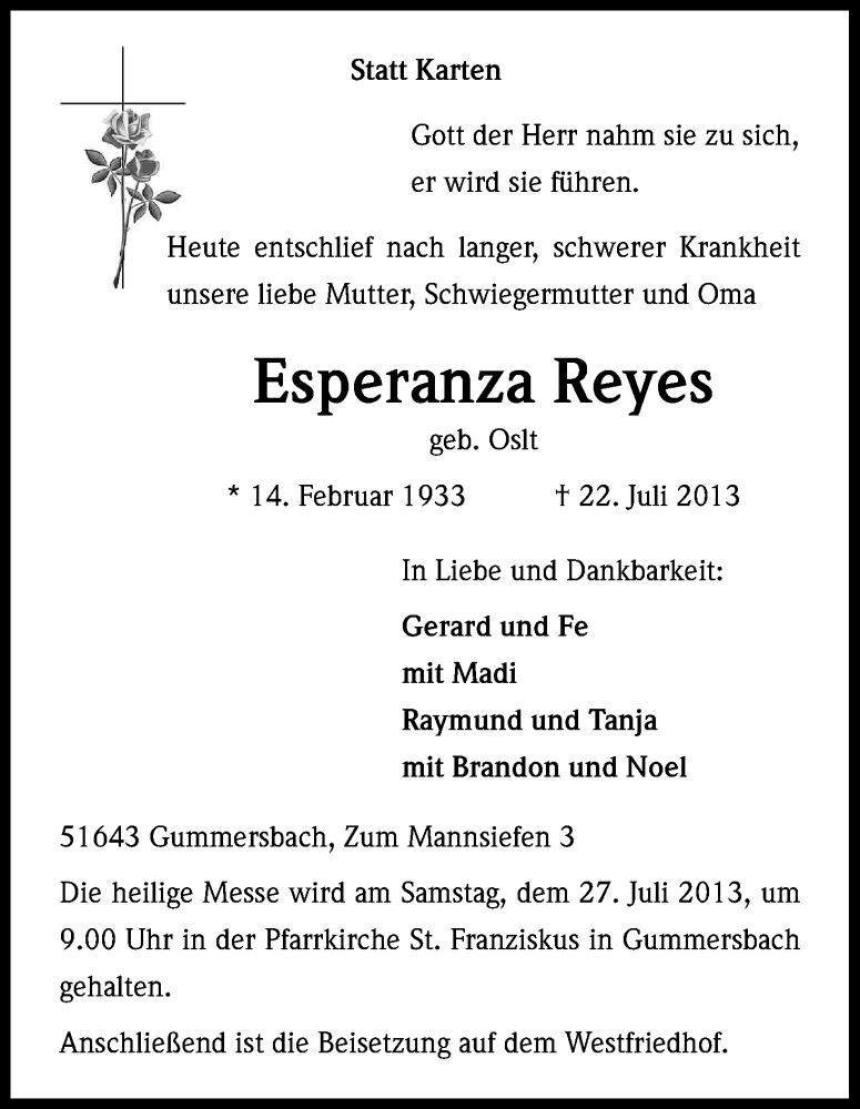  Traueranzeige für Esperanza Reyes vom 25.07.2013 aus Kölner Stadt-Anzeiger / Kölnische Rundschau / Express