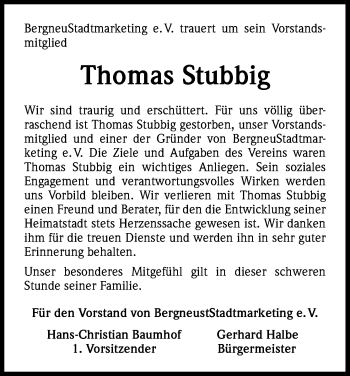 Anzeige von Thomas Stubbig von Kölner Stadt-Anzeiger / Kölnische Rundschau / Express