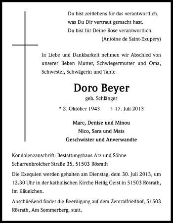 Anzeige von Doro Beyer von Kölner Stadt-Anzeiger / Kölnische Rundschau / Express