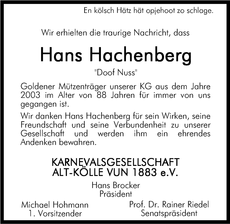  Traueranzeige für Hans Hachenberg vom 26.07.2013 aus Kölner Stadt-Anzeiger / Kölnische Rundschau / Express