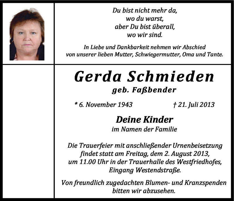  Traueranzeige für Gerda Schmieden vom 27.07.2013 aus Kölner Stadt-Anzeiger / Kölnische Rundschau / Express