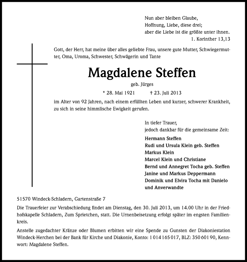  Traueranzeige für Magdalene Steffen vom 25.07.2013 aus Kölner Stadt-Anzeiger / Kölnische Rundschau / Express