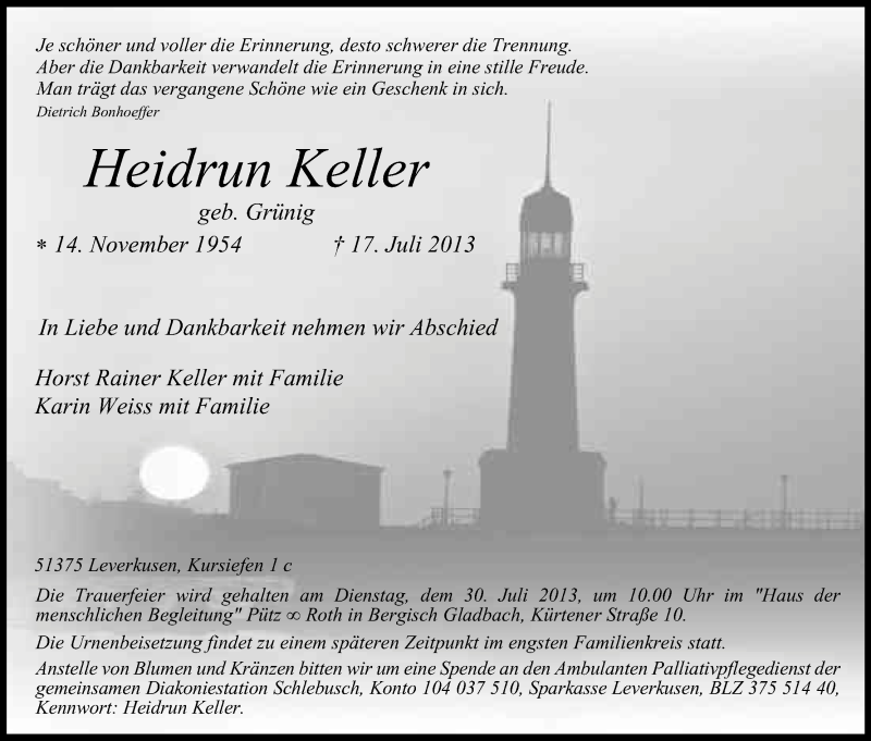  Traueranzeige für Heidrun Keller vom 26.07.2013 aus Kölner Stadt-Anzeiger / Kölnische Rundschau / Express