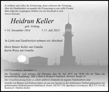 Anzeige von Heidrun Keller von Kölner Stadt-Anzeiger / Kölnische Rundschau / Express