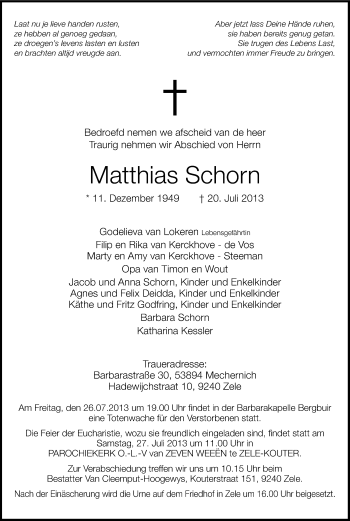 Anzeige von Matthias Schorn von Kölner Stadt-Anzeiger / Kölnische Rundschau / Express