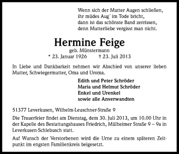 Anzeige von Hermine Feige von Kölner Stadt-Anzeiger / Kölnische Rundschau / Express