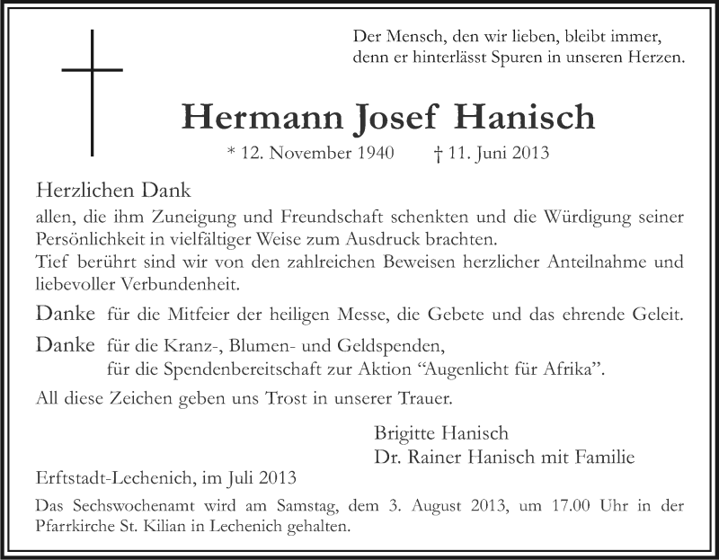  Traueranzeige für Hermann Josef Hanisch vom 27.07.2013 aus Kölner Stadt-Anzeiger / Kölnische Rundschau / Express