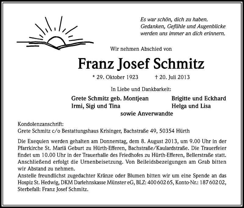  Traueranzeige für Franz Josef Schmitz vom 27.07.2013 aus Kölner Stadt-Anzeiger / Kölnische Rundschau / Express