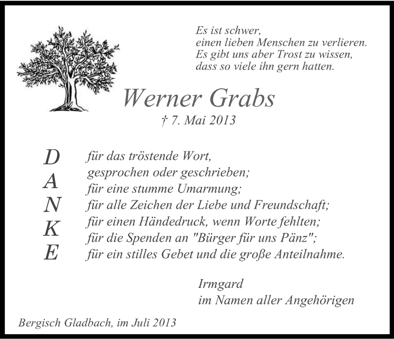  Traueranzeige für Werner Grabs vom 27.07.2013 aus Kölner Stadt-Anzeiger / Kölnische Rundschau / Express