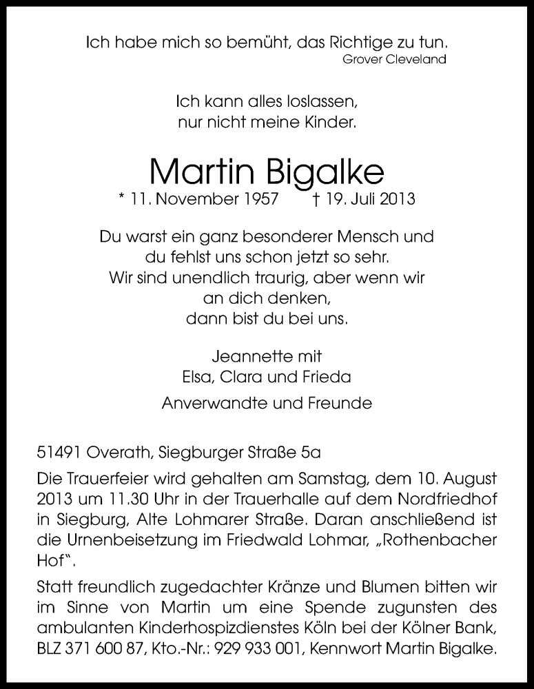  Traueranzeige für Martin Bigalke vom 07.08.2013 aus Kölner Stadt-Anzeiger / Kölnische Rundschau / Express