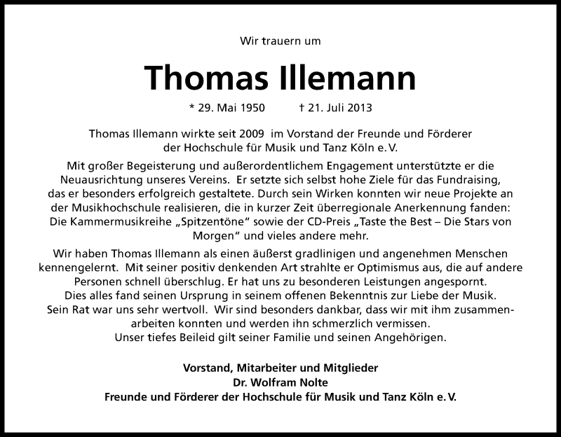  Traueranzeige für Thomas Illemann vom 26.07.2013 aus Kölner Stadt-Anzeiger / Kölnische Rundschau / Express