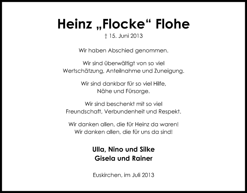  Traueranzeige für Heinz Flohe vom 27.07.2013 aus Kölner Stadt-Anzeiger / Kölnische Rundschau / Express