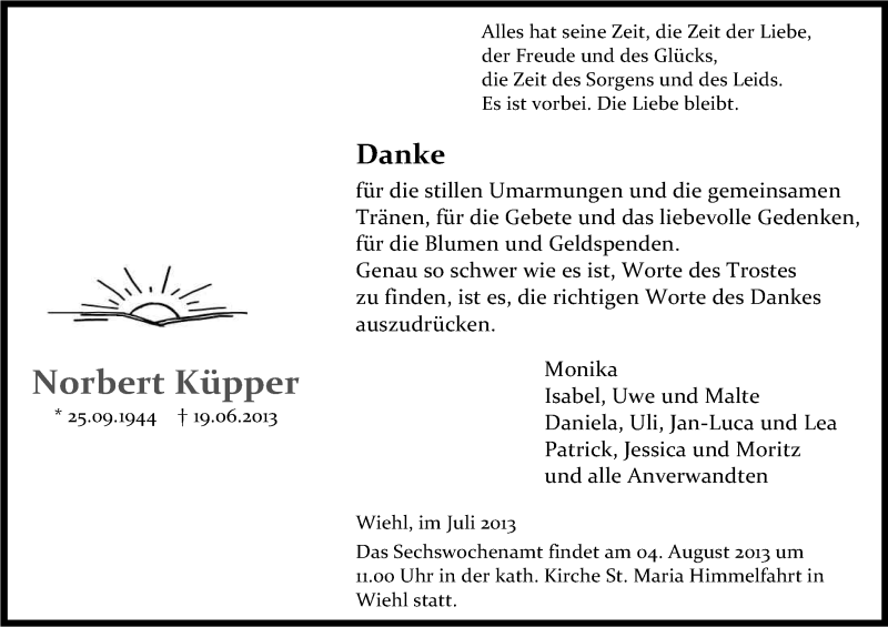  Traueranzeige für Norbert Küpper vom 27.07.2013 aus Kölner Stadt-Anzeiger / Kölnische Rundschau / Express