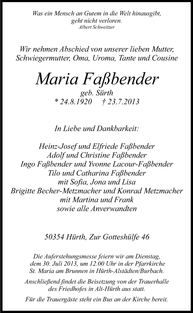  Traueranzeige für Maria Faßbender vom 27.07.2013 aus Kölner Stadt-Anzeiger / Kölnische Rundschau / Express