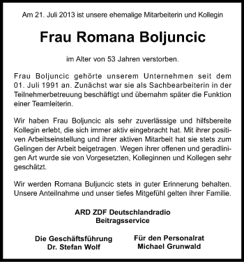 Anzeige von Romana Bolijuncic von Kölner Stadt-Anzeiger / Kölnische Rundschau / Express