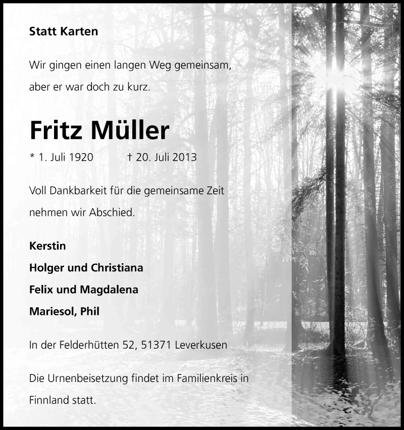 Traueranzeige für Fritz Müller vom 27.07.2013 aus Kölner Stadt-Anzeiger / Kölnische Rundschau / Express