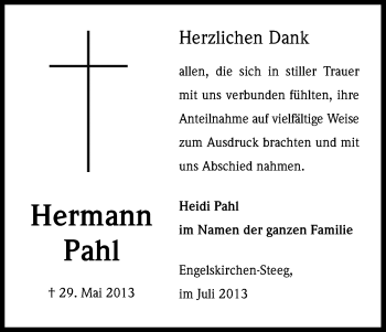 Anzeige von Hermann Pahl von Kölner Stadt-Anzeiger / Kölnische Rundschau / Express
