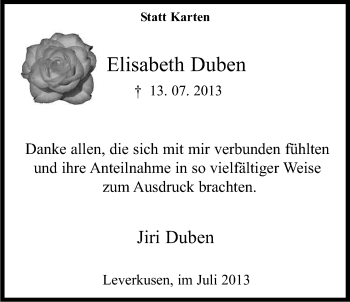 Anzeige von Elisabeth Duben von Kölner Stadt-Anzeiger / Kölnische Rundschau / Express