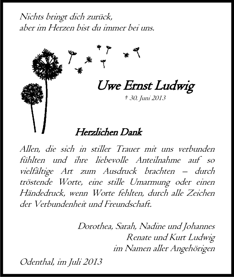  Traueranzeige für Uwe Ludwig vom 27.07.2013 aus Kölner Stadt-Anzeiger / Kölnische Rundschau / Express