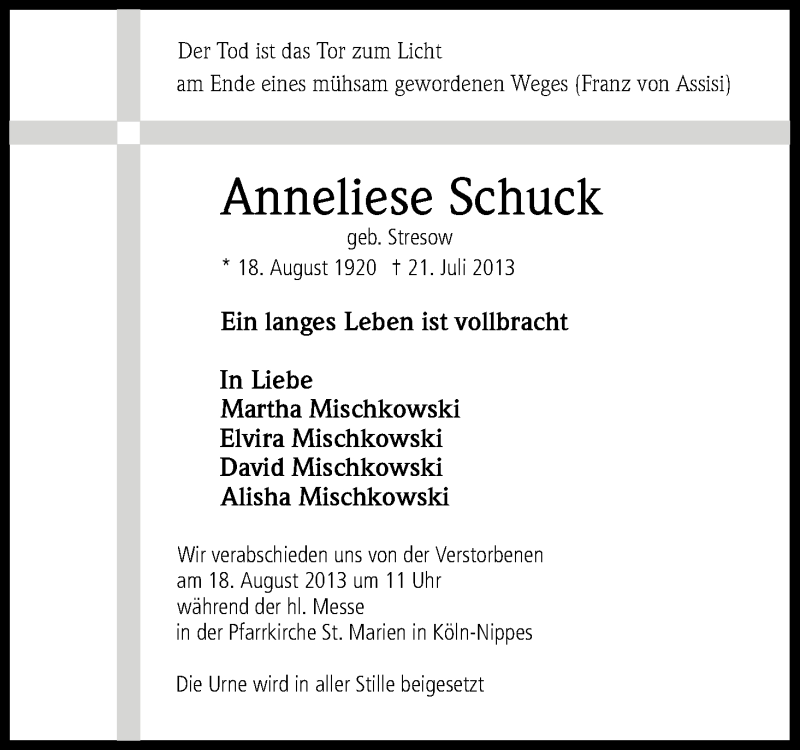  Traueranzeige für Anneliese Schuck vom 01.08.2013 aus Kölner Stadt-Anzeiger / Kölnische Rundschau / Express