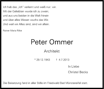 Anzeige von Peter Ommer von Kölner Stadt-Anzeiger / Kölnische Rundschau / Express