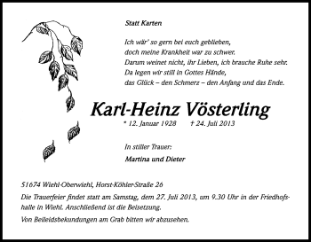 Anzeige von Karl-Heinz Vösterling von Kölner Stadt-Anzeiger / Kölnische Rundschau / Express