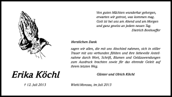 Anzeige von Erika Köchl von Kölner Stadt-Anzeiger / Kölnische Rundschau / Express